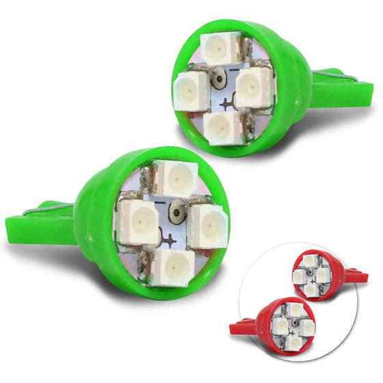 Imagem de Par Lâmpada LED T10 4Smd1210 4 LEDs 2W 12V Verde Vermelho Luz Baixa Meia Luz