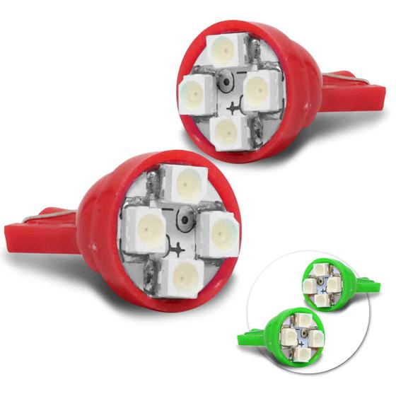 Imagem de Par Lâmpada LED T10 4Smd1210 4 LEDs 2W 12V Verde Vermelho Luz Baixa Meia Luz