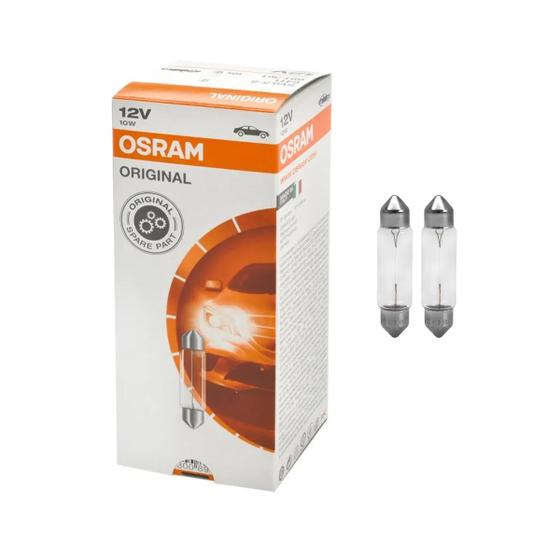 Imagem de Par Lampada Osram Torpedo Longa 41mm Luz Leitura Interior Placa Posição 10W 12V SV8.5-8 6411 2 Unidades