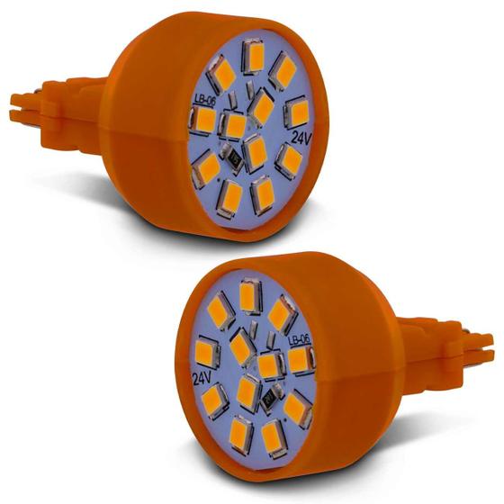 Imagem de Par Lâmpada T20 2 Polos 12 LEDs 24V Âmbar Luz de Ré Freio Seta Lanterna Dianteira Traseira
