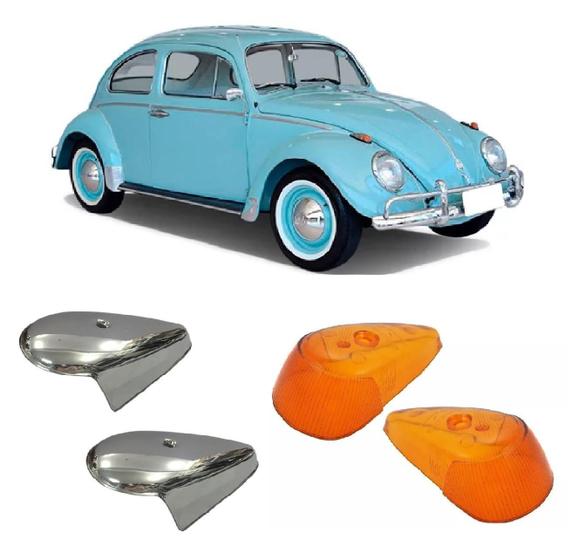 Imagem de Par Lente Laranja Pisca Dianteiro + Capa Cromada Metal Fusca