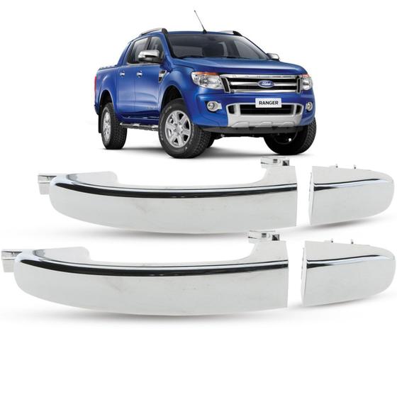 Imagem de Par Maçaneta Externa da Porta Dianteira Traseira Cromada Ford Ranger 2012 2013 2014 2015 2016 2017 2018 2019 2020 2021