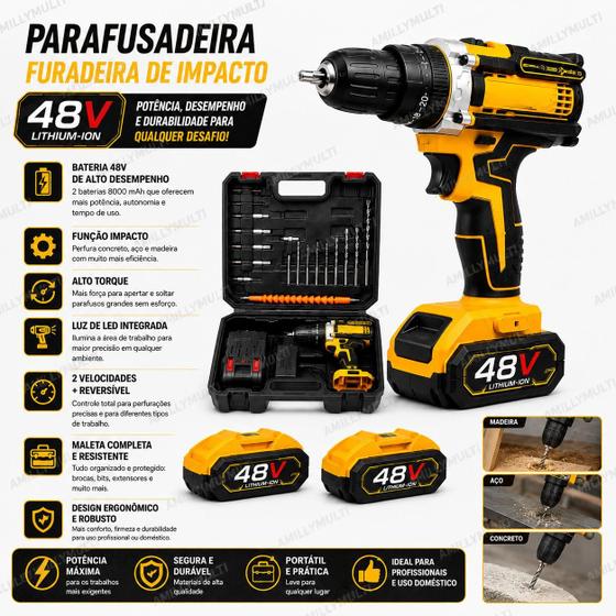Parafusadeira Furadeira De Impacto 48V 80 N.M. Profissional 2 Baterias 8000 mAh Com Maleta - compatível