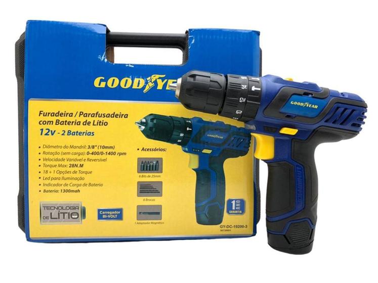 Parafusadeira/furadeira imp 12v c/2 bateria litio goodyear Menor preço em Parafusadeira/furadeira imp 12v c/2 bateria litio goodyear