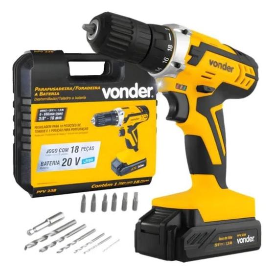 Imagem de Parafusadeira Furadeira Sem Fio Vonder 20V com Maleta e acessório Bivolt