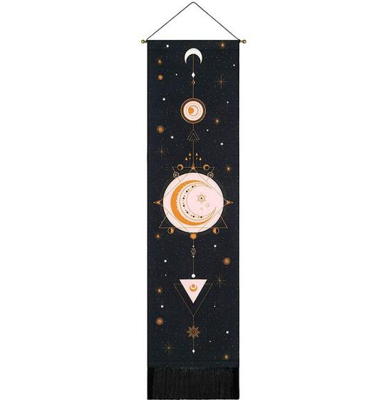 Imagem de Parede de tapeçaria da fase lunar pendurada no ciclo lunar Tassel Carpet Moon Tapeestries Bohemian Home Art Psychedelic Decor Tapeçarias decorativas (pretas)