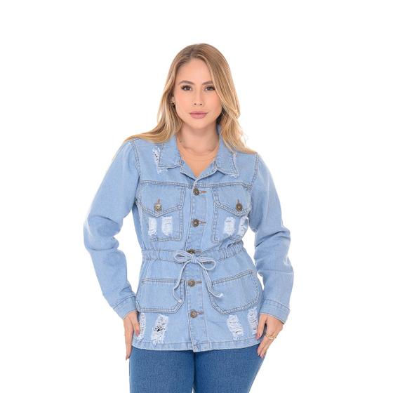 Imagem de Parka jeans feminina 100% clara puida rasgada com 2 bolso