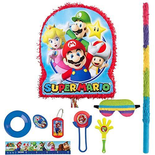 Imagem de Party City Super Mario Pull String Pinata Suprimentos, Inclui venda nos olhos e 48 peças Favor Pack