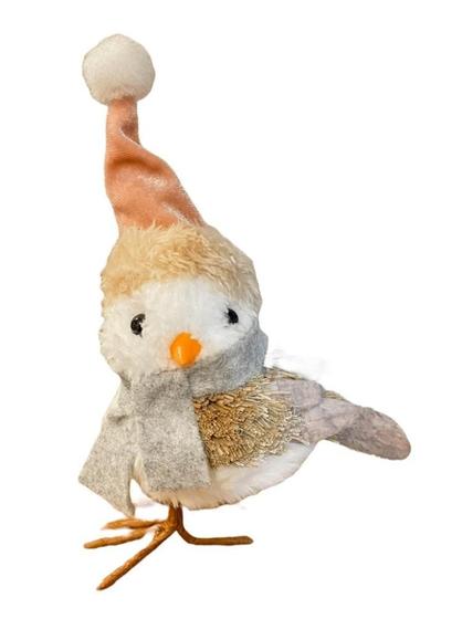 Imagem de Passarinho Branco com gorro Rosa e cachecol cinza 15cm