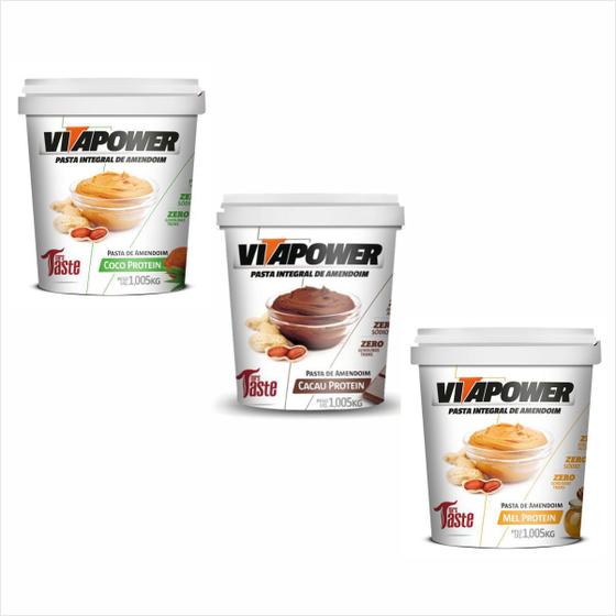 Pasta de Amendoim Integral 1kg Vitapower 3 Sabores Top Creme Zero Lactose Açúcar Sódio Força Energia Tapioca Crepioca Menor preço em Pasta de Amendoim Integral 1kg Vitapower 3 Sabores Top Creme Zero Lactose Açúcar Sódio Força Energia Tapioca Crepioca