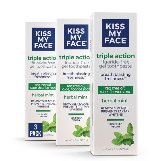 Imagem de Pasta de dentes Kiss My Face Triple Action Herbal Mint 133 ml, pacote com 3 unidades