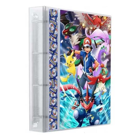 Imagem de Pasta Fichário Álbum Cristal Cartas Cards Pokémon Ash XY com 10 Folhas 9 Bolsos 4 Argolas