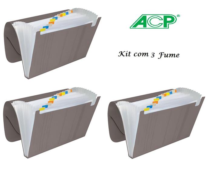 Imagem de Pasta Sanfonada Plastica A4 12 Div. Fume Kit c/3 Pcs ACP