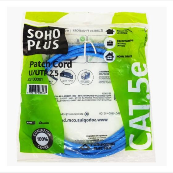 Imagem de Patch Cord 2,50 Metros Cat5e Sohoplus UUtp Azul