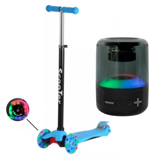 Imagem de Patinete 4 Rodas Luzes Led Infantil Regulável Até 70kg Para Criança  Azul + Mini Caixa De Som TWS Bluetooth LED RGB