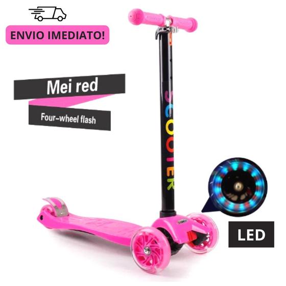 Imagem de Patinete Brinquedo Infantil Menina Rosa 4 Rodas Regulável Luzes Led Até 60 Kg Freio Duplo