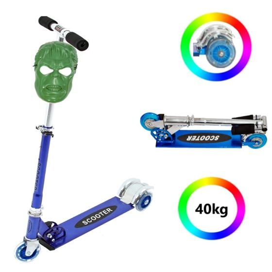 Imagem de Patinete Dobrável Alumínio 3 Rodas Luz Led + Máscara Hulk