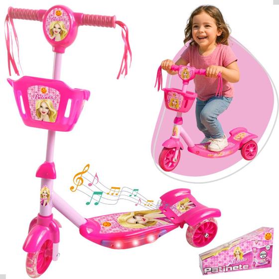 Patinete Infantil 3 Rodas Menina Ajustável Até 35kg Luz Som - DM Toys Imagem de Patinete Infantil 3 Rodas Menina Ajustável Até 35kg Luz Som