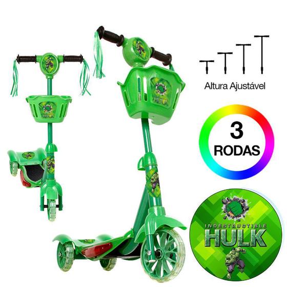 Imagem de Patinete Infantil Hulk 3 Rodas com Cestinha C Led e Som