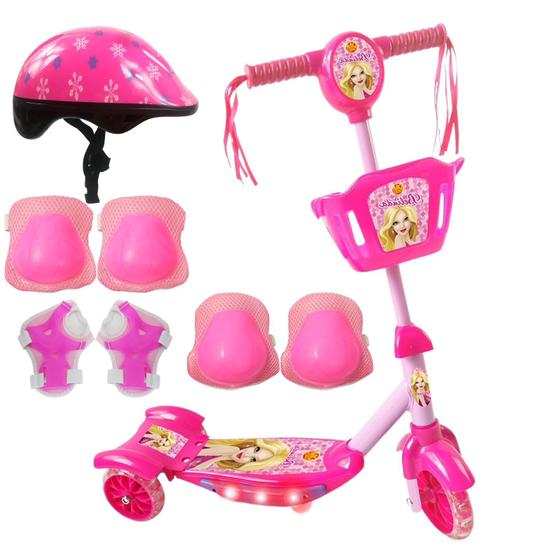 Imagem de Patinete Infantil Menina C/ Cesta Rosa Crianças 35kg 3 Rodas Led Som