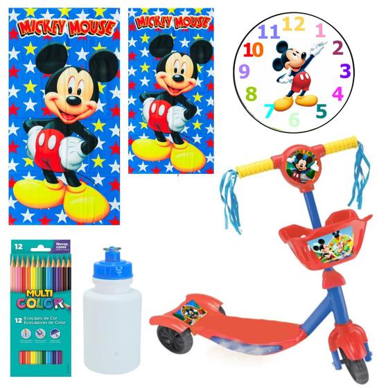 Imagem de Patinete Infantil Mickey Mouse Kit Toalha Relogio Garrafinha