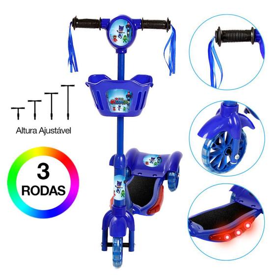 Patinete Infantil Pj Masks Com Cesta 3 Rodas Com Led Azul Menor preço em Patinete Infantil Pj Masks Com Cesta 3 Rodas Com Led Azul