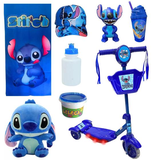 Imagem de Patinete Infantil Stitch Kit Completo Boneco Pelúcia Copo Boné