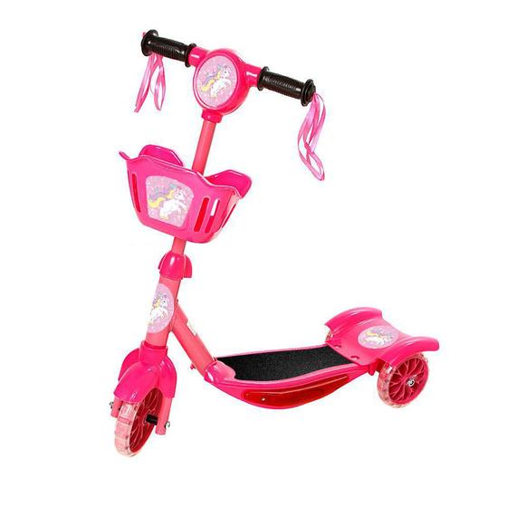 Imagem de Patinete Para Crianças Scooter 3 Rodas Brinquedo Infantil De Led E Som Menina Rosa Modelo Unicornio Com Cestinha