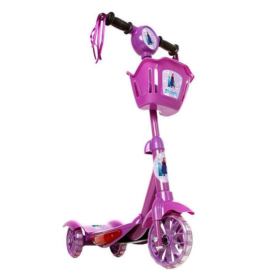 Imagem de Patinete Para Crianças Scooter 3 Rodas Brinquedo Infantil De Led E Som Menina Roxo Modelo Frozen Com Cestinha Art Brink