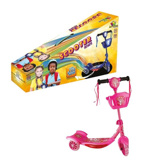 Imagem de Patinete Scooter Infantil Rosa Menina 3 Rodas Com Cesto Luz e Som