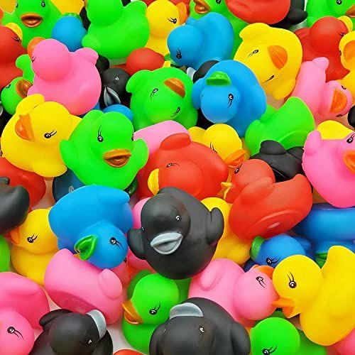 Imagem de Patinhos de brinquedo de pato de borracha clássicos para crianças, seis cores sólidas, presentes de aniversário de banho Chás de bebê Sala de aula de verão Praia e atividade na piscina, 2 "(100-Pack)