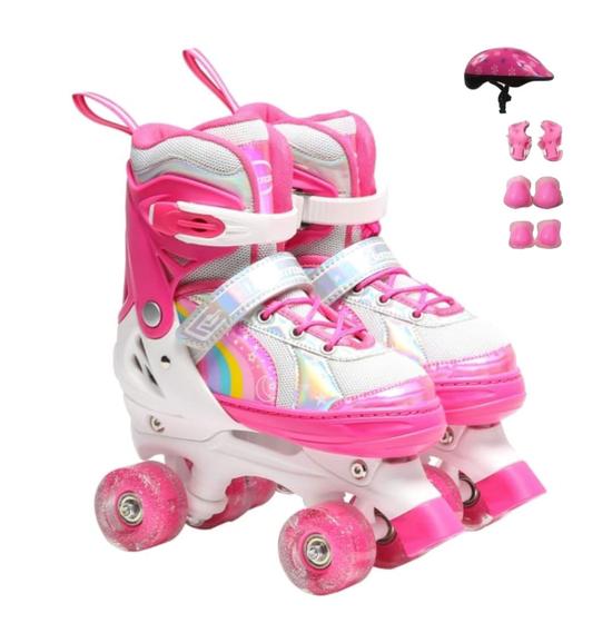 Imagem de Patins 4 Rodas ARCO IRIS Com Luz De Led E Glitter Top Patins Com Kit Proteção Menina Menino 