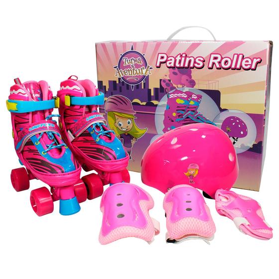 Imagem de Patins 4 Rodas Infantil Com Kit Completo De Proteção Ajustável 34 ao 37