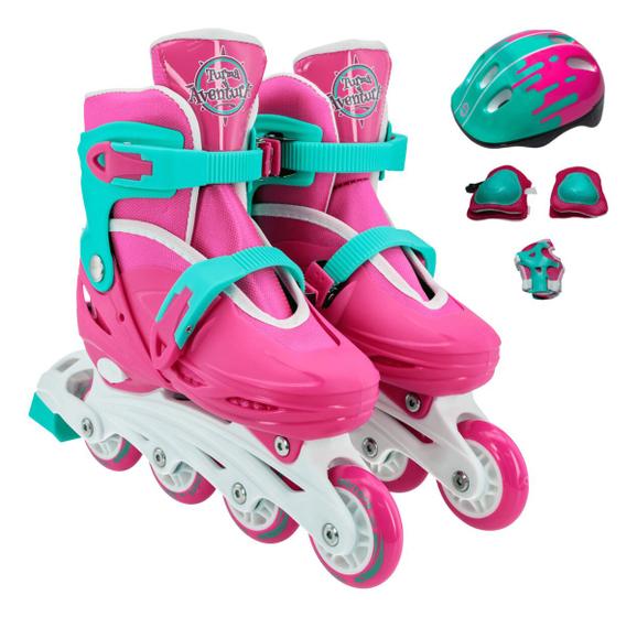 Imagem de Patins 4 Rodas Infantil Feminino Rosa 30-33 Kit Proteção