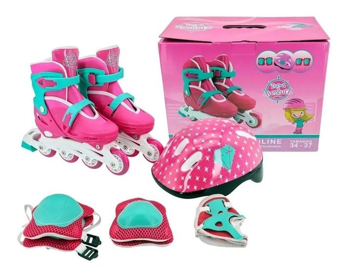 Imagem de Patins 4 Rodas Inline Infantil Rosa com Kit de Proteção e Capacete Tamanho Ajustável 34 ao 37