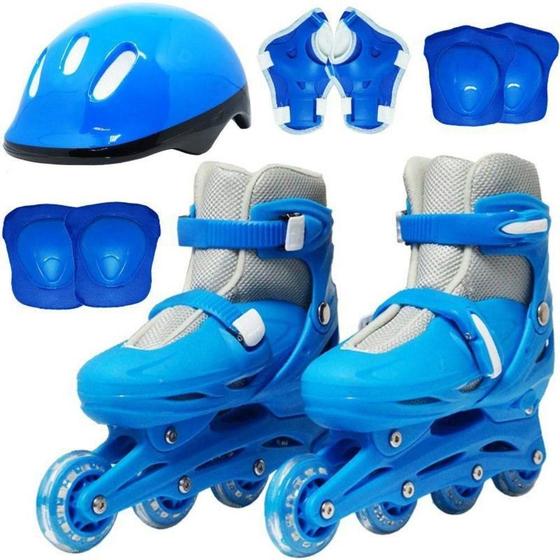 Imagem de Patins Ajustável 4 Rodas Com Kit Segurança Capacete Proteção Azul Tamanho 31 a 34