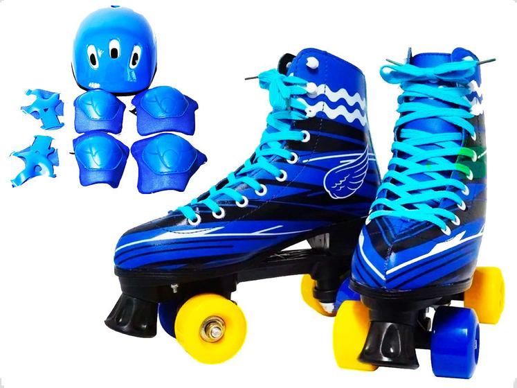 Imagem de Patins De 4 Rodas Com Kit de Proteção Azul Com Freio Frontal Ambos Os Pés