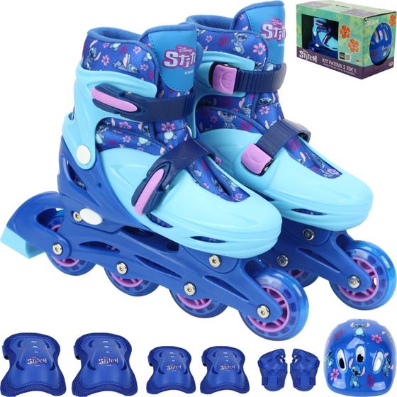 Imagem de Patins do Stitch Disney Original Triline 4 Rodas de Gel Menino Tam 32 ao 35 + Kit Proteção completo