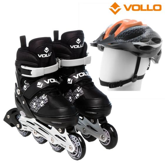 Imagem de Patins in line ajustável 39-42 cinza e preto + capacete esportivo adulto laranja e cinza