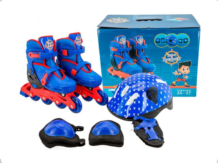 Imagem de Patins In Line Azul Shopdng 34 Ao 37 Ajustável + Kit Proteção (1502)