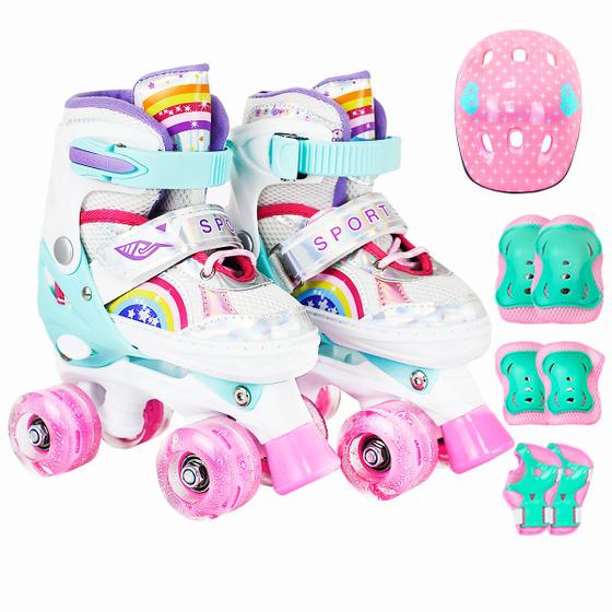 Imagem de Patins Infantil 4 Rodas Ajustável Rodinha Led Arco Iris Kit Proteção Cores