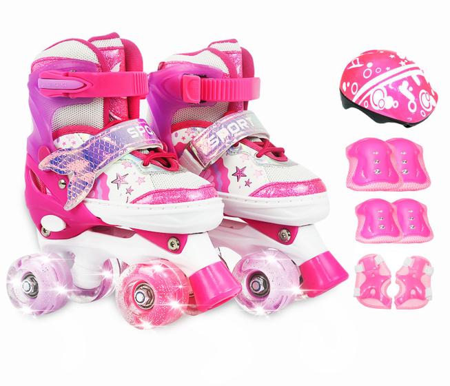 Imagem de Patins Infantil 4 Rodas Ajustável Rodinha Led Kit Proteção