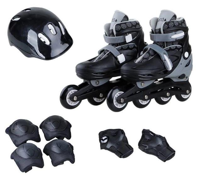 Imagem de Patins Infantil 4 Rodas IN LINE com Kit Proteção Tamanho 32-35 PRETO Brink com capacete luvas joelheiras e cotoveleiras