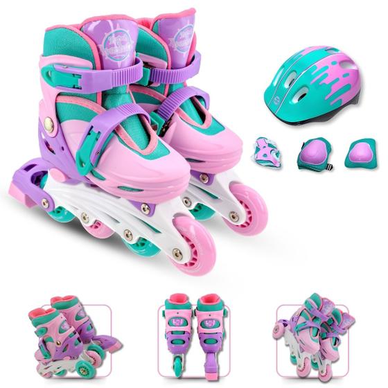 Imagem de Patins Infantil 4 Rodas Inline e Triline Tam 30 ao 33 + Kit de Proteção Infantil