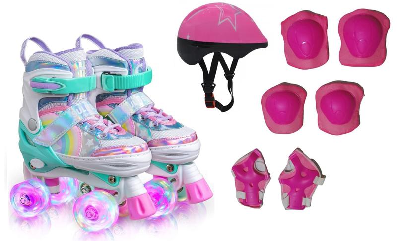 Imagem de Patins Infantil Arco Íris Quad Com Regulagem e Kit Proteção