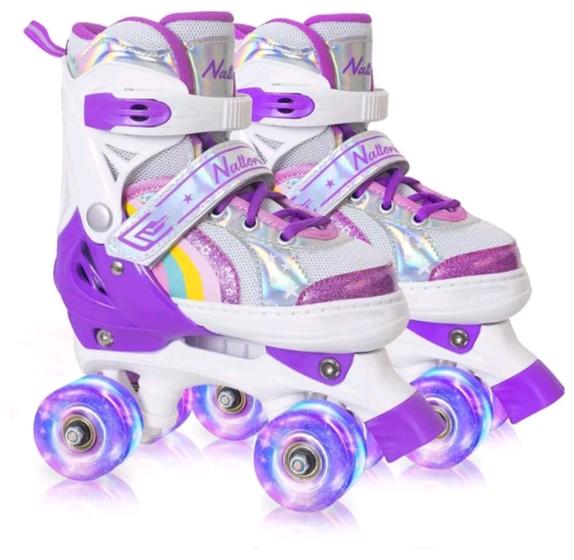 Patins Infantil/Juvenil Quad Lad Arco Íris Roxo Raimbow com kit Segurança Menor preço em Patins Infantil/Juvenil Quad Lad Arco Íris Roxo Raimbow com kit Segurança