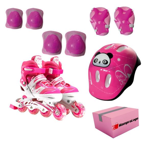 Imagem de Patins Infantil Menina Rosa Zippy Barato Kit De Proteção Led