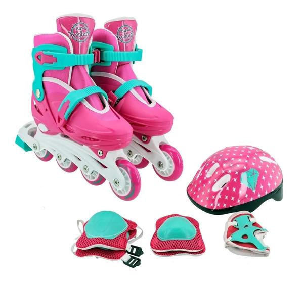 Imagem de Patins Infantil Meninas 34 ao 38 com Capacete e Kit de Proteção Rosa