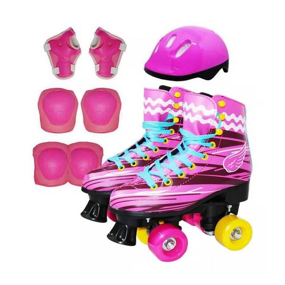 Imagem de Patins infantil meninas 4 rodas roller classico rosa com kit protecao tamanho 30/31