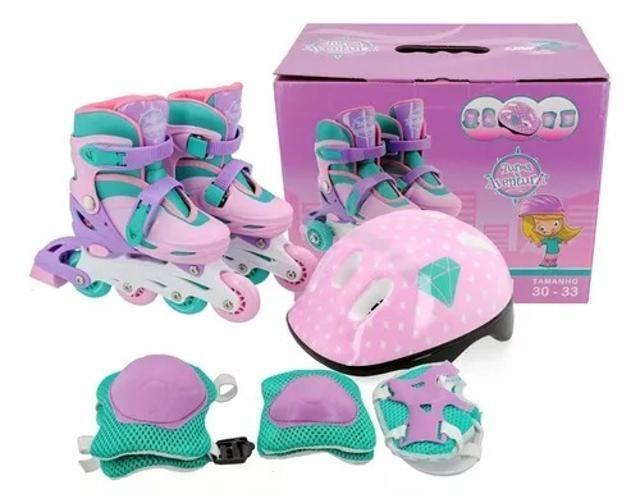 Imagem de Patins Infantil Menino Menina Kit Segurança Completo 4 Rodas